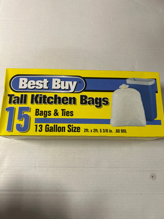 Best Buy Tall kitchen Bags 15 bags &ties 13 gallon size