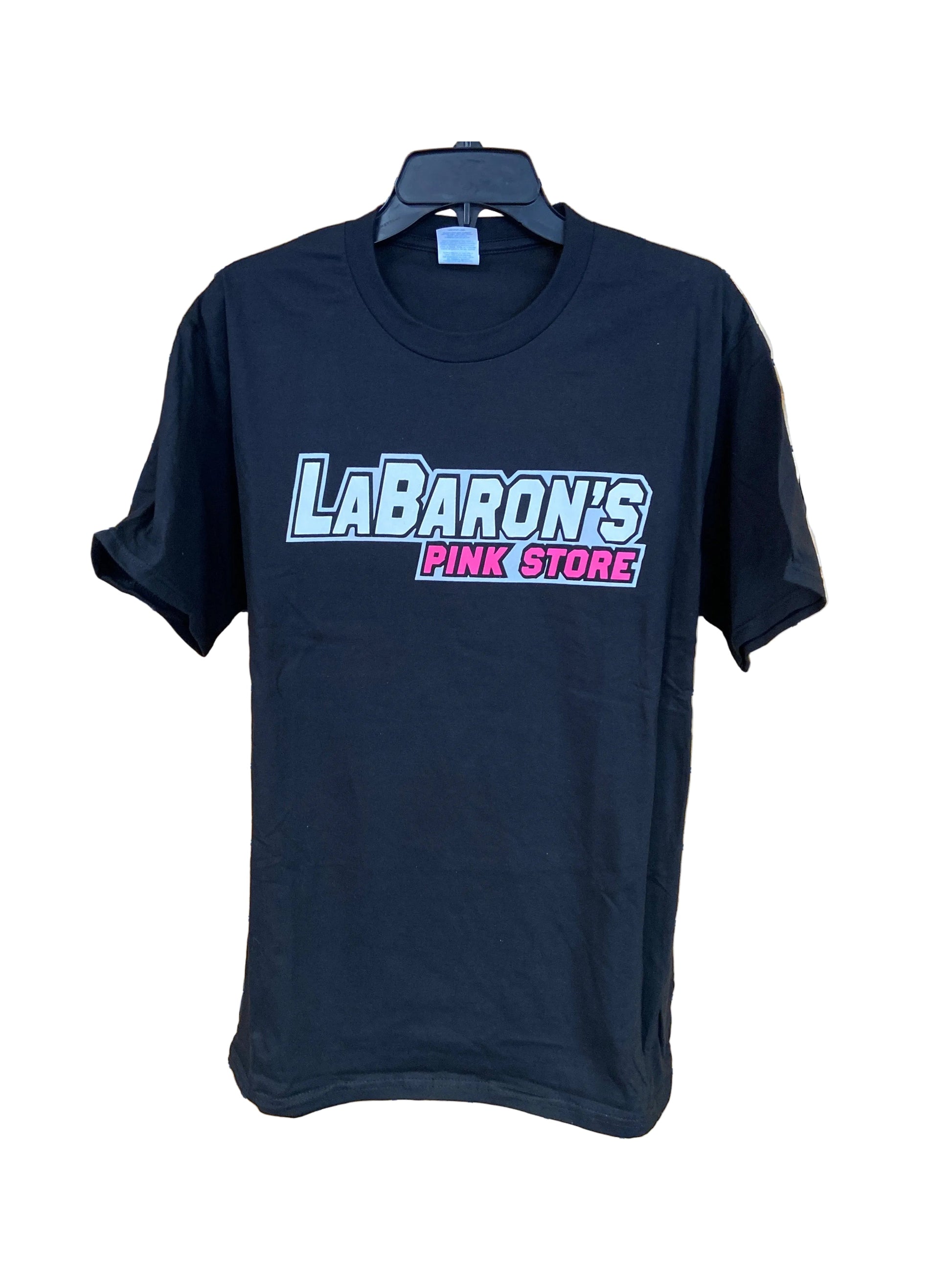 Black t-shirt with 'Labaron's Pink Store' text on a metal grid background